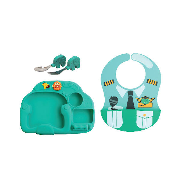 Kit De Alimentação Com Prato 2 Divisórias. Primeiro Garfo E Colher Em Inox Piloto Piloto Elefante Ollie - Verde