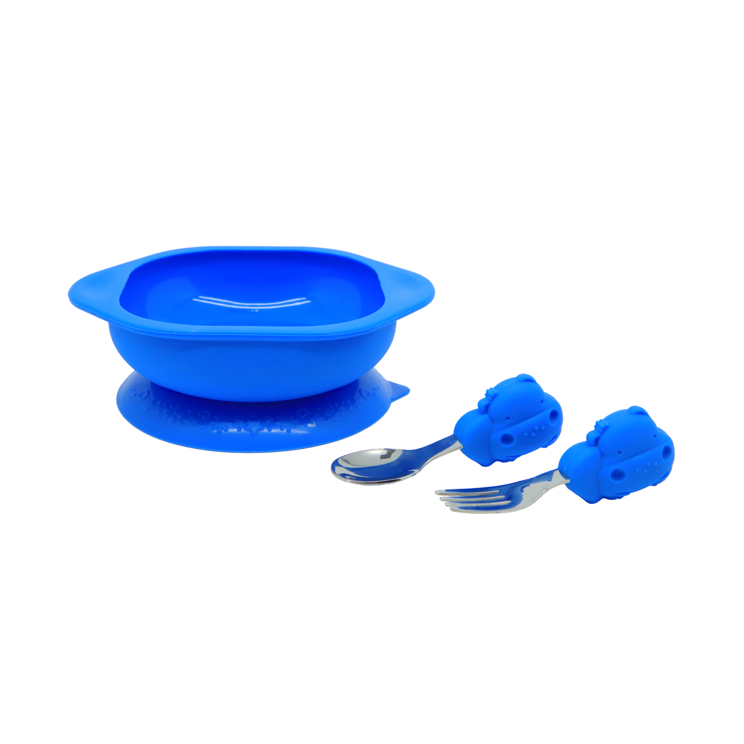 Kit de Alimentação Tigela com Sucção e Primeiro Jogo de Colher e Garfo Hipopótamo Lucas - Azul