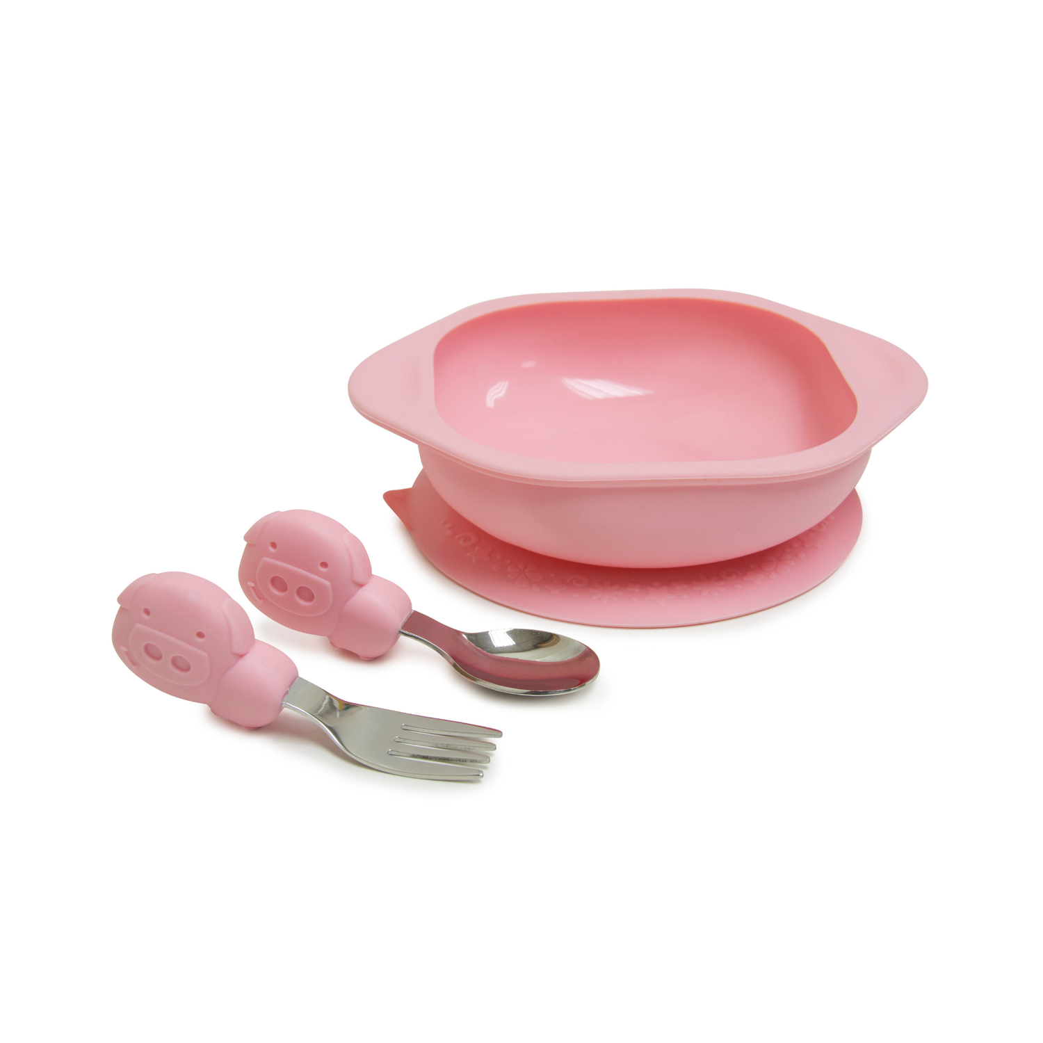 Kit de Alimentação Tigela com Sucção e Primeiro Jogo de Colher e Garfo Porquinha Pokey - Rosa