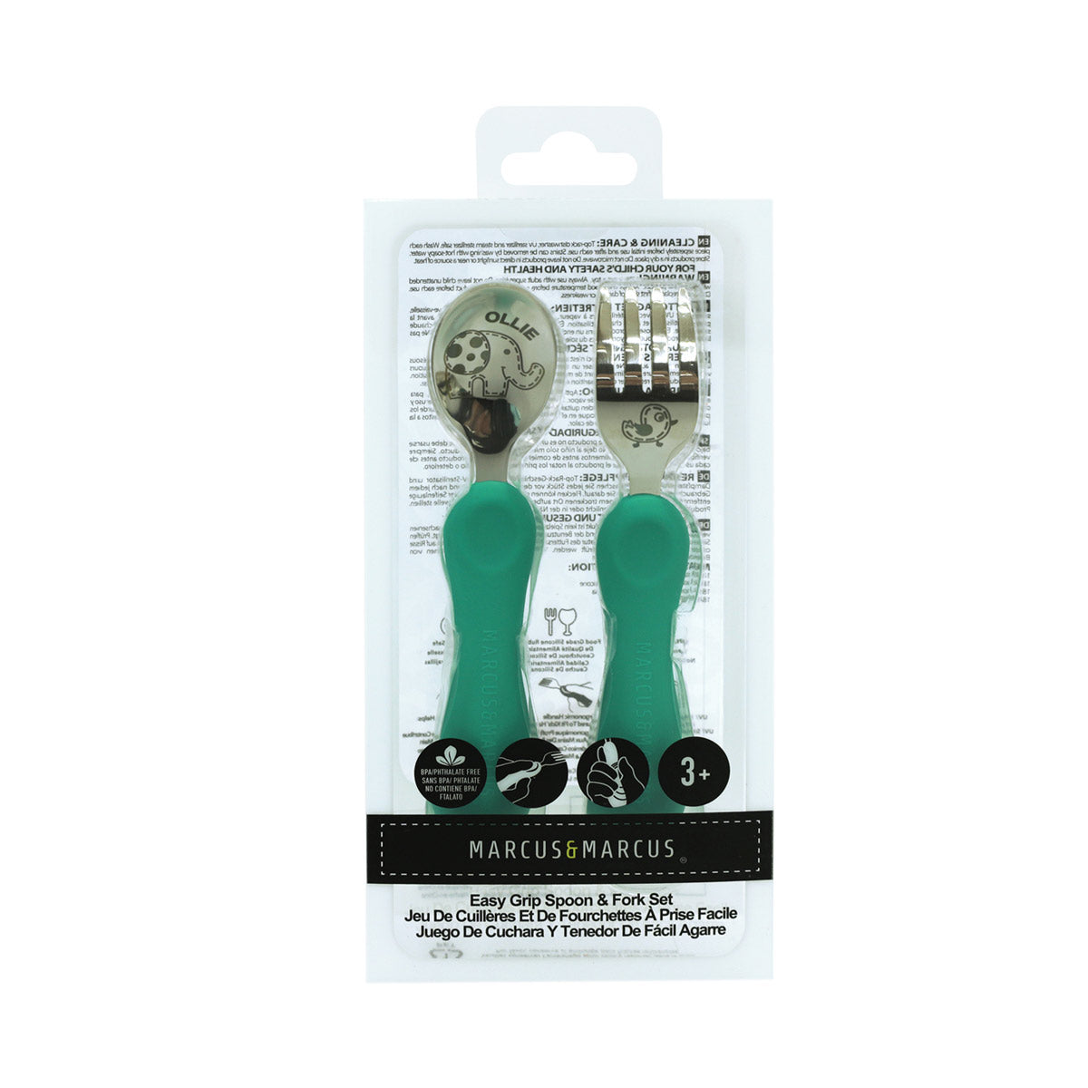 Jogo Anatômico Colher e Garfo em Silicone e Inox 2 Peças Elefante Ollie - Verde