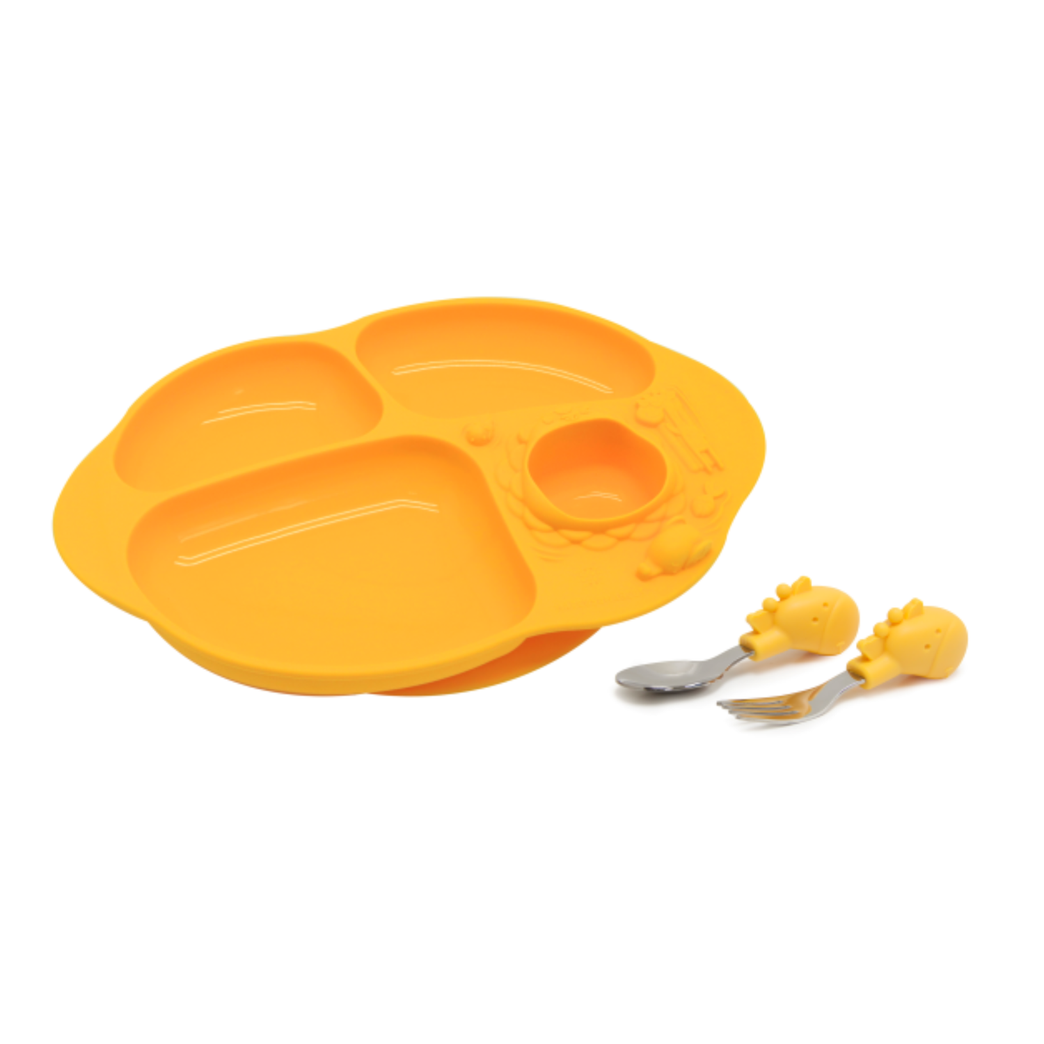 Kit de Alimentação Prato com 4 Divisórias e Primeiro Jogo de Colher e Garfo Girafa Lola - Amarelo