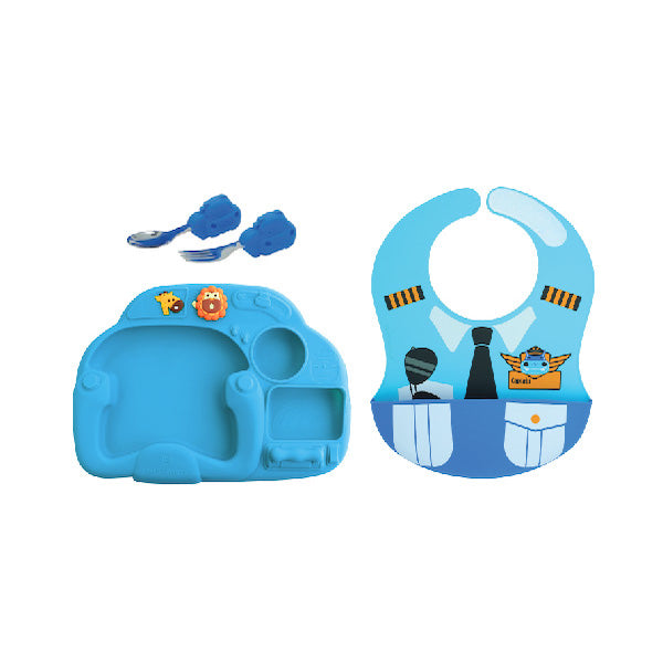 Kit De Alimentação Com Prato 2 Divisórias. Primeiro Garfo E Colher Em Inox Piloto Piloto Hipopótamo Lucas - Azul