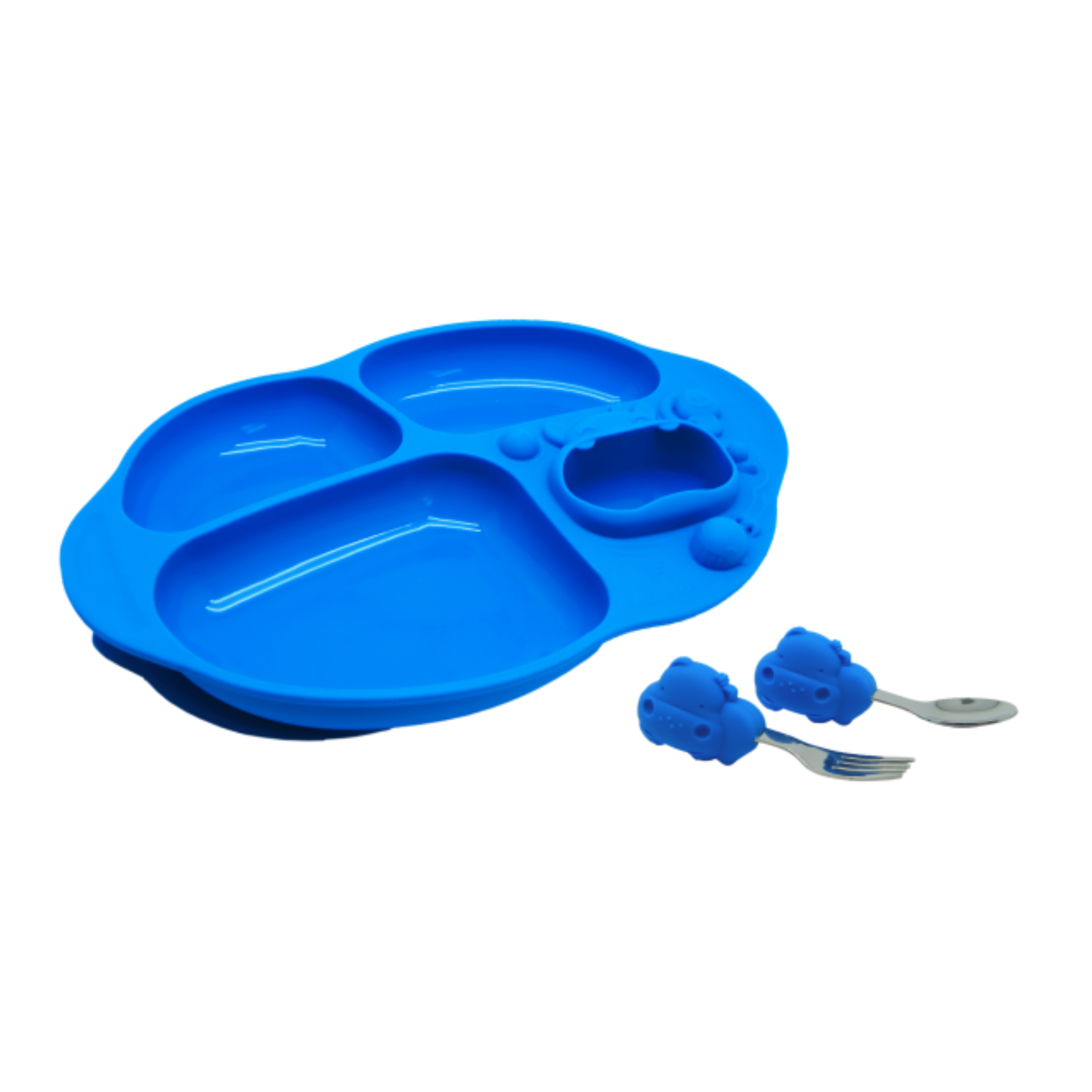 Kit de Alimentação Prato com 4 Divisórias e Primeiro Jogo de Colher e Garfo Hipopótamo Lucas - Azul