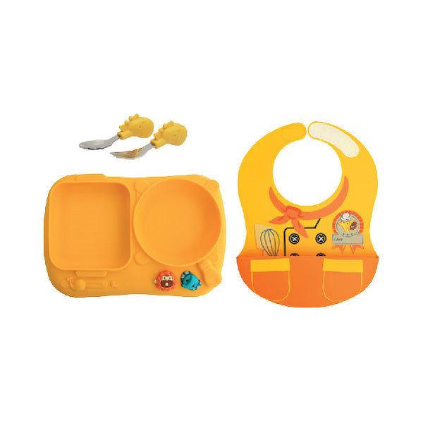 Kit De Alimentação Com Prato 2 Divisórias. Primeiro Garfo E Colher Em Inox Piloto Chef Girafa Lola - Amarelo