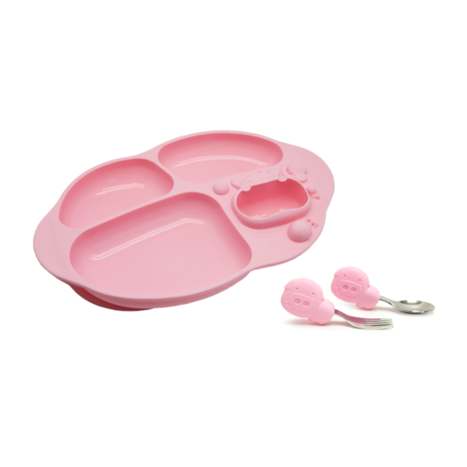 Kit de Alimentação Prato com 4 Divisórias e Primeiro Jogo de Colher e Garfo Porquinha Pokey - Rosa