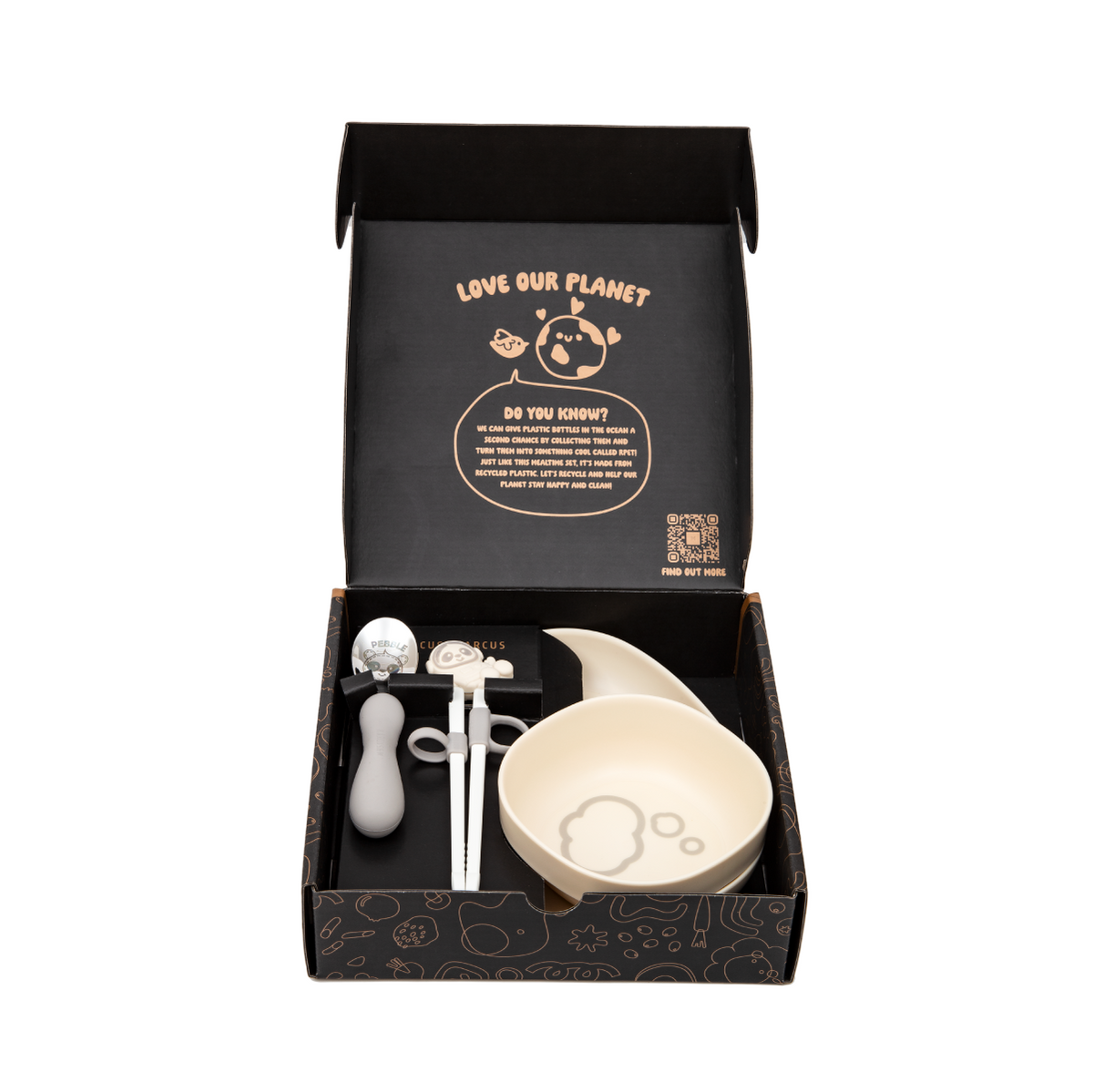 Kit Infantil Com Prato. Bowl. Colher E Hashi 4 Peças Panda Pebble - Cinza