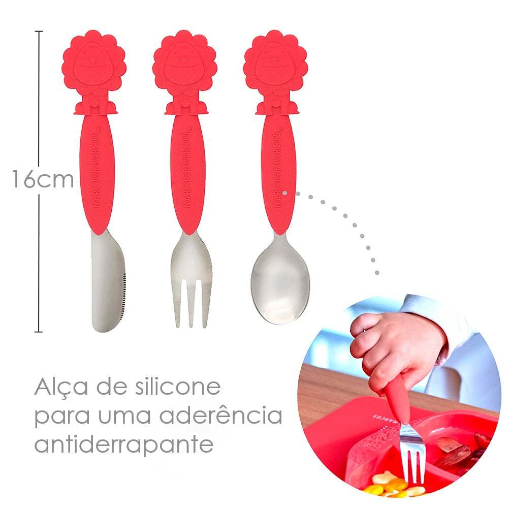 Kit com Faca, Garfo e Colher em Inox e Silicone 3 Pcs Leão Marcus - Vermelho