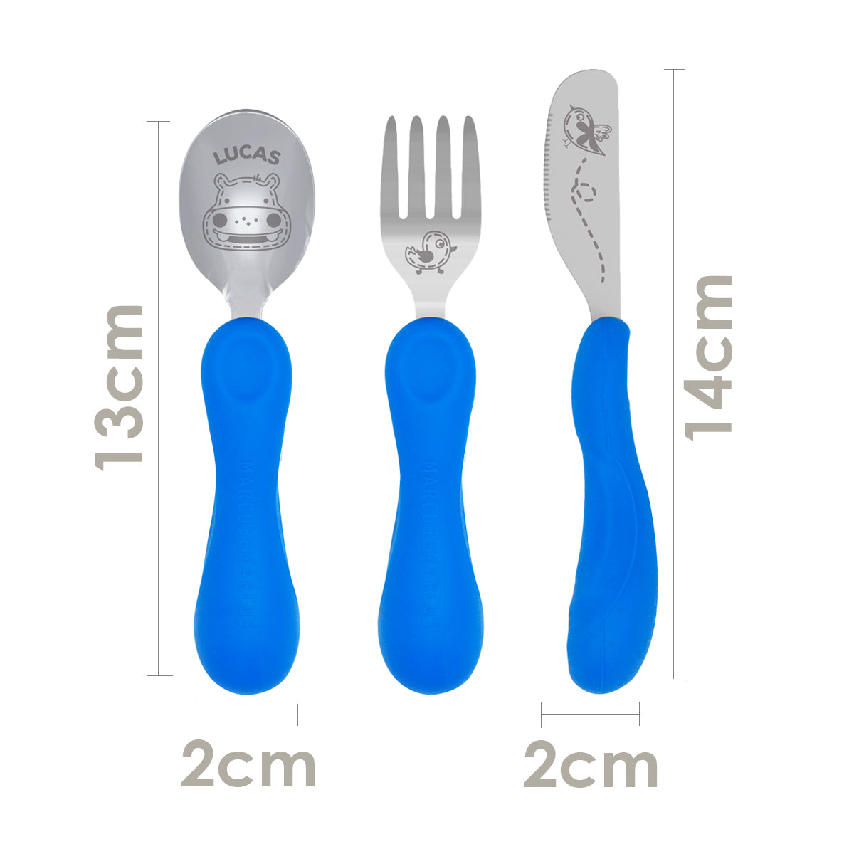 Jogo Anatômico Colher, Garfo e Faca em Silicone e Inox 3 Peças Hipopótamo Lucas - Azul