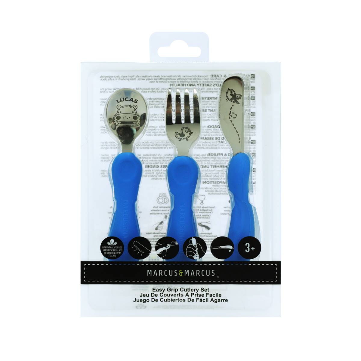 Jogo Anatômico Colher, Garfo e Faca em Silicone e Inox 3 Peças Hipopótamo Lucas - Azul