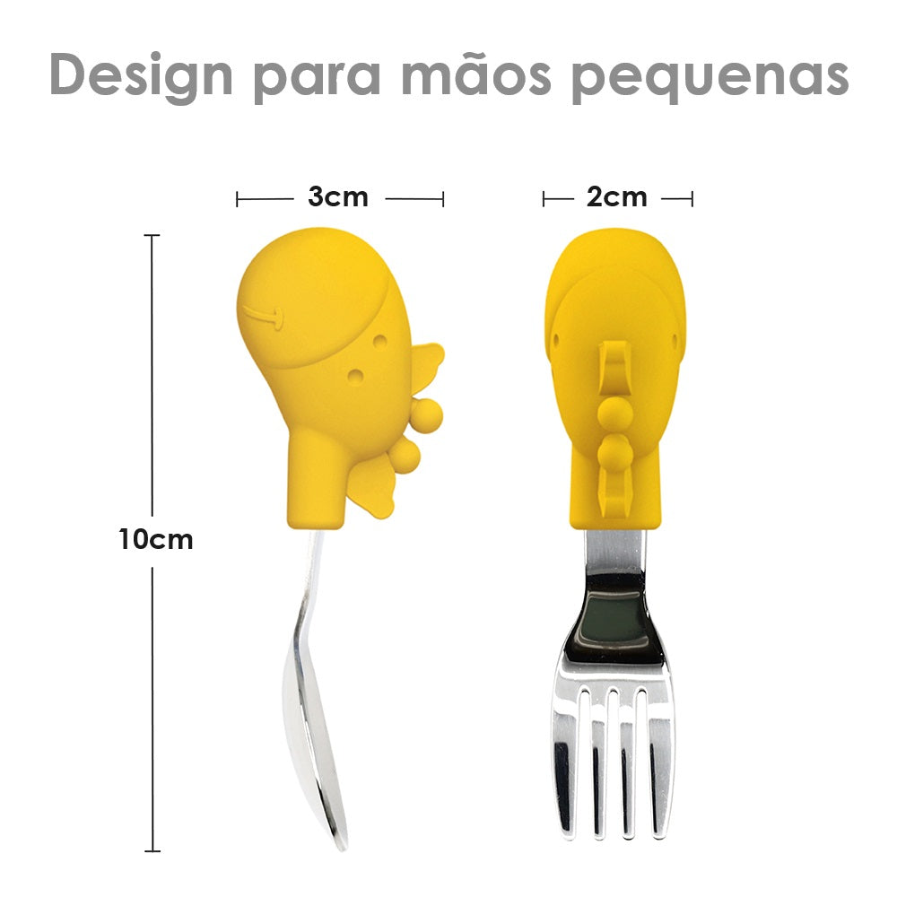Primeiro Jogo De Colher E Garfo Em Silicone E Inox Girafa Lola - Amarelo