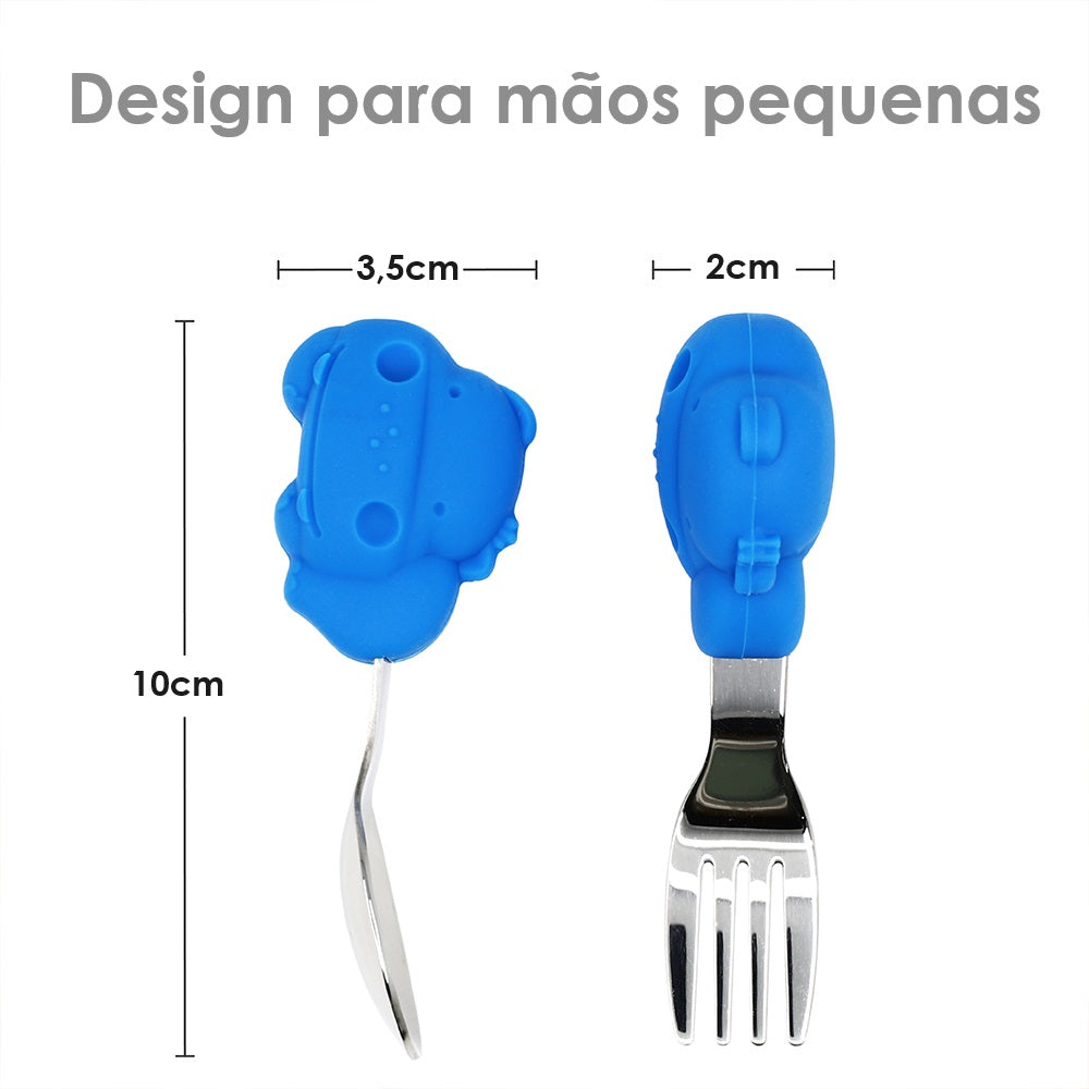 Primeiro Jogo De Colher E Garfo Em Silicone E Inox Hipopótamo Lucas - Azul