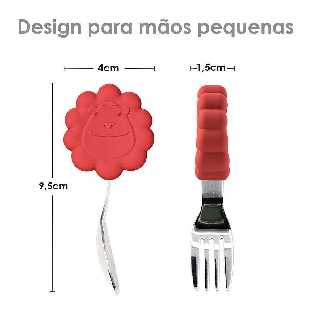Primeiro Jogo De Colher E Garfo Em Silicone E Inox Leão Marcus - Vermelho