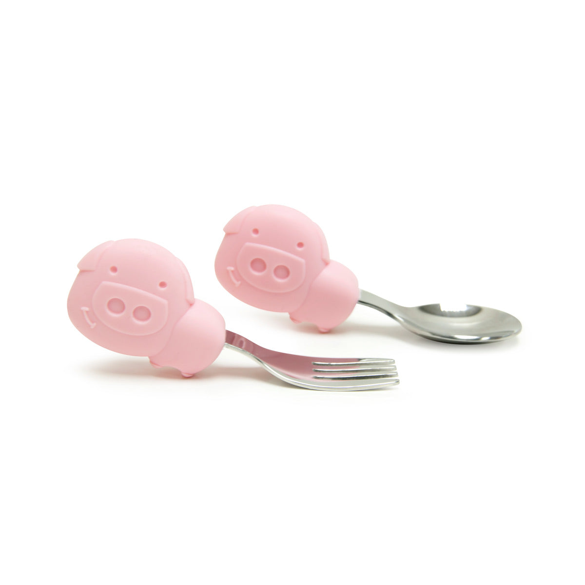 Primeiro Jogo De Colher E Garfo Em Silicone E Inox Porquinha Pokey - Rosa