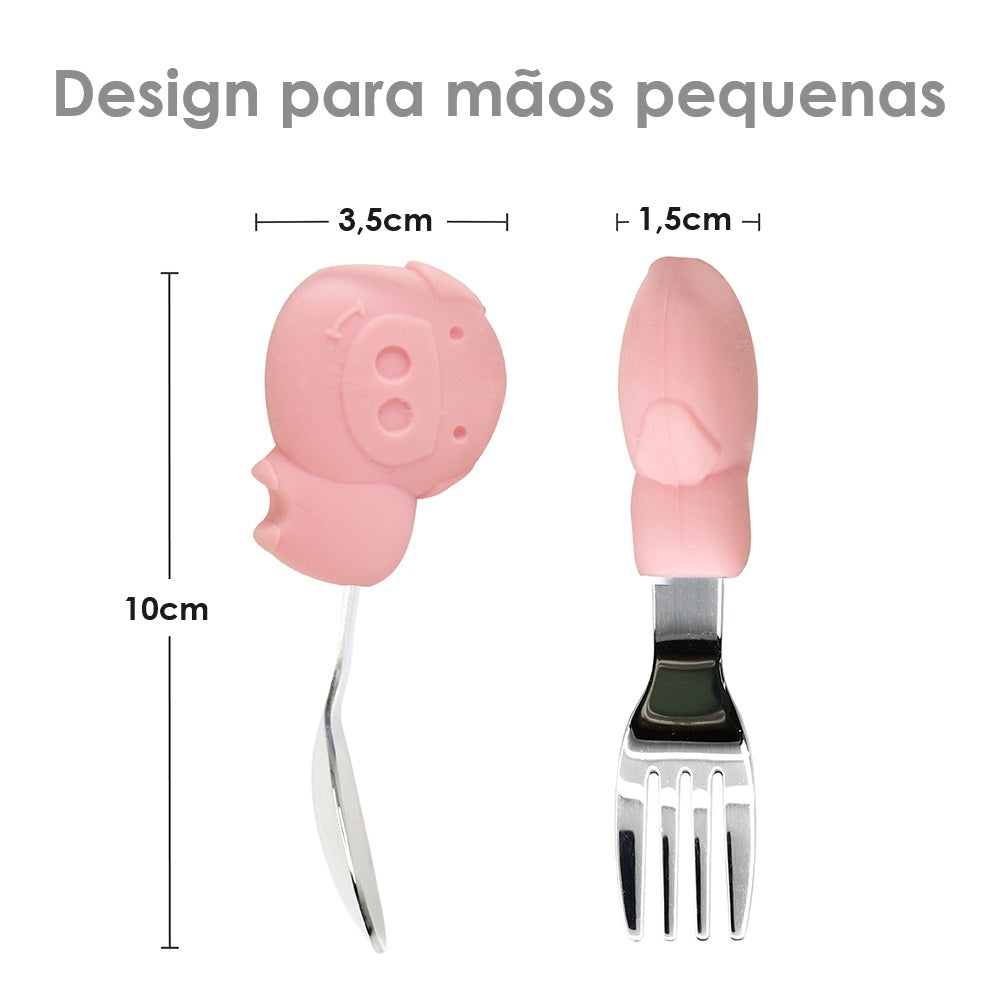 Primeiro Jogo De Colher E Garfo Em Silicone E Inox Porquinha Pokey - Rosa