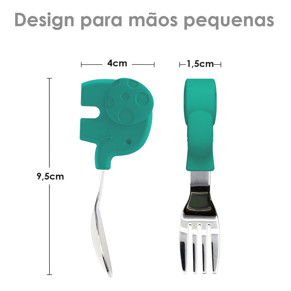 Primeiro Jogo de Colher e Garfo em Silicone e Inox Elefante Ollie - Verde