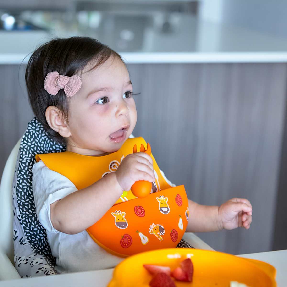 Kit Colher E Garfo Para Treinamento Em Silicone Girafa Lola - Amarelo