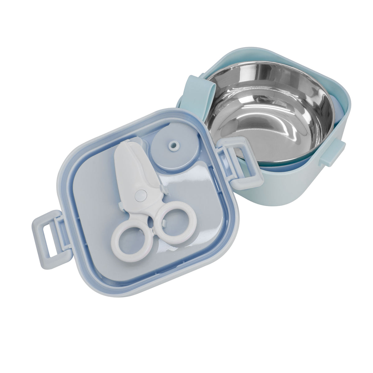 Kit Viagem 2 Tigelas. Colher E Tesoura Alimentar Azul
