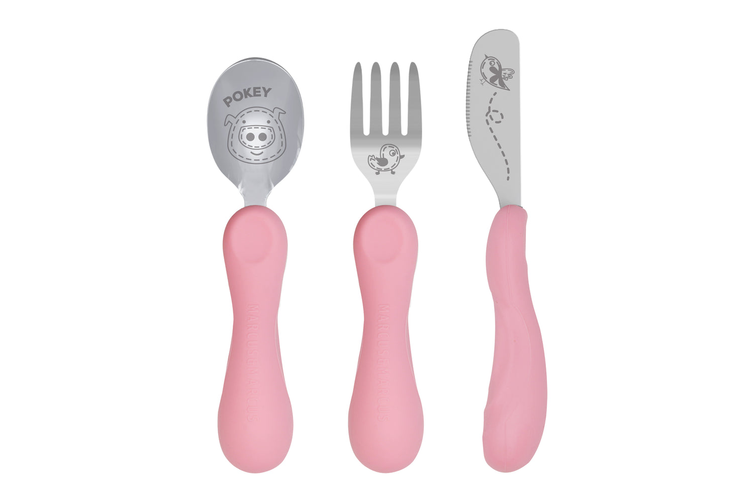 Jogo Anatômico Colher. Garfo E Faca Em Silicone E Inox 3 Peças Porquinha Pokey - Rosa