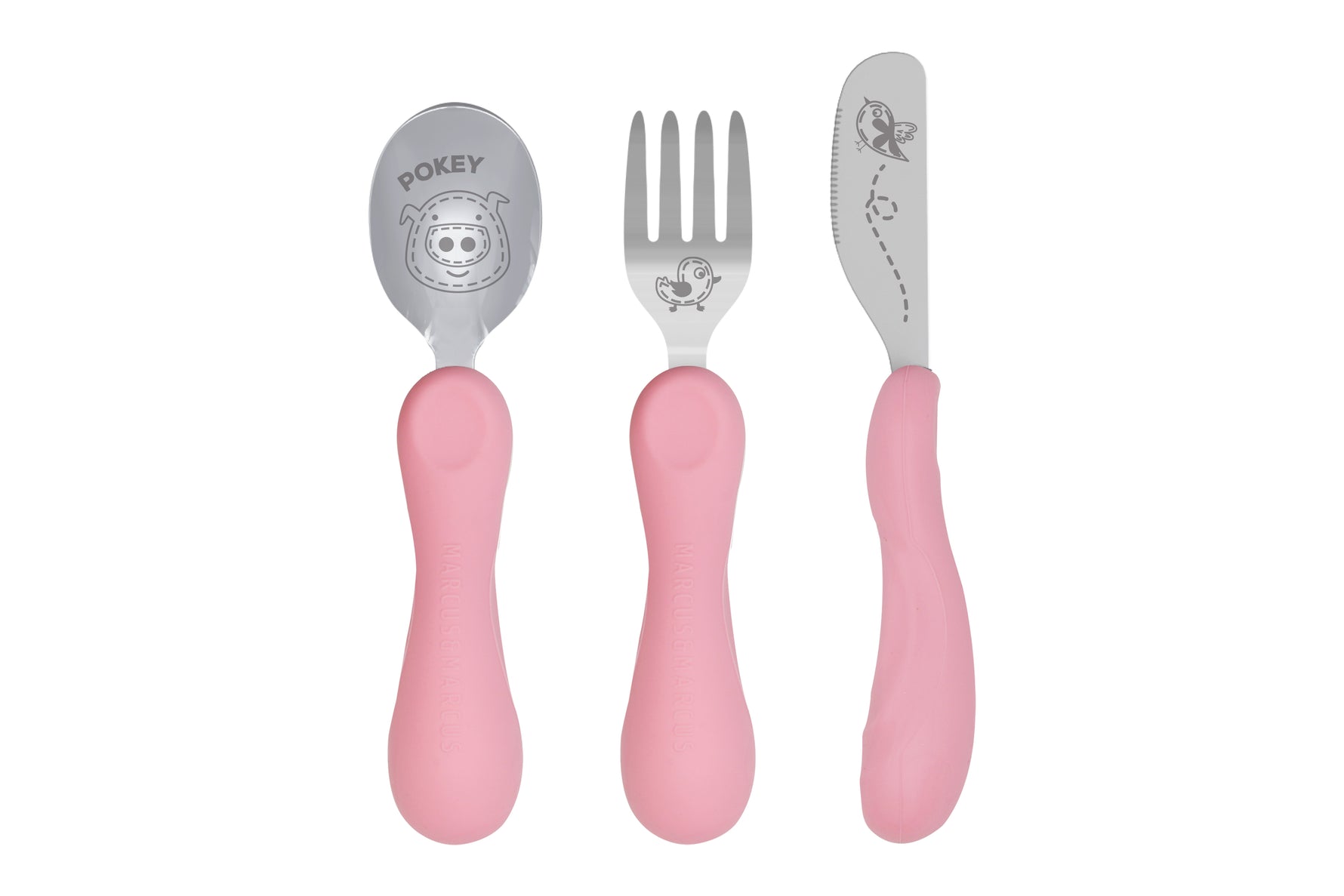 Jogo Anatômico Colher. Garfo E Faca Em Silicone E Inox 3 Peças Porquinha Pokey - Rosa