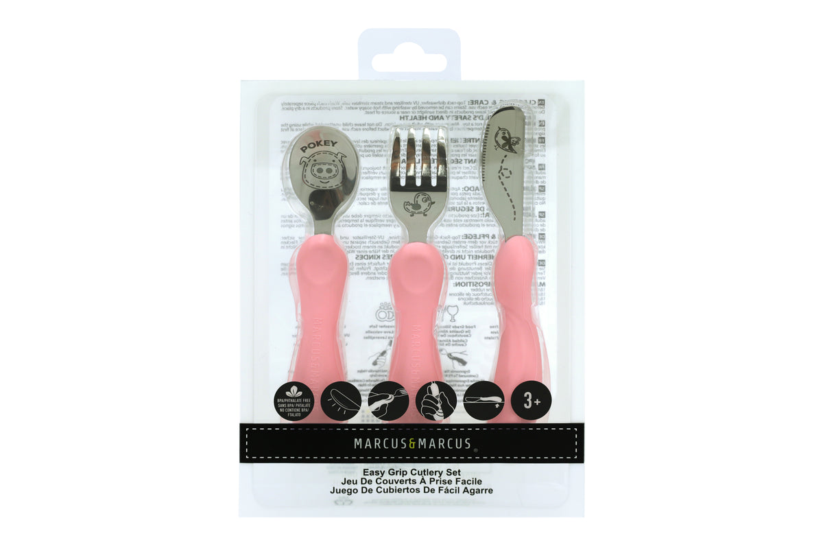 Jogo Anatômico Colher. Garfo E Faca Em Silicone E Inox 3 Peças Porquinha Pokey - Rosa