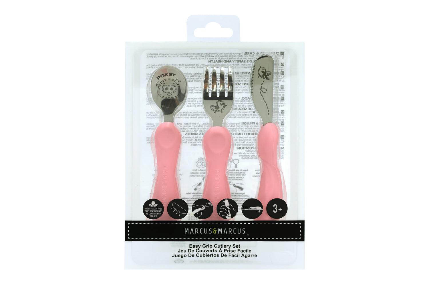 Jogo Anatômico Colher. Garfo E Faca Em Silicone E Inox 3 Peças Porquinha Pokey - Rosa