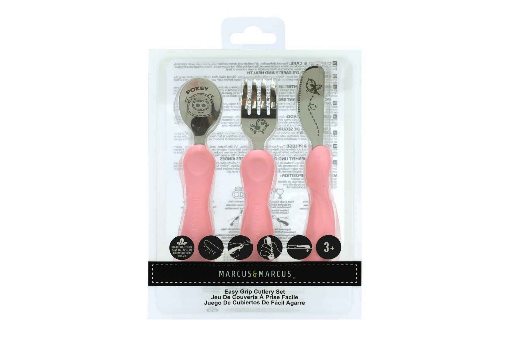 Jogo Anatômico Colher. Garfo E Faca Em Silicone E Inox 3 Peças Porquinha Pokey - Rosa