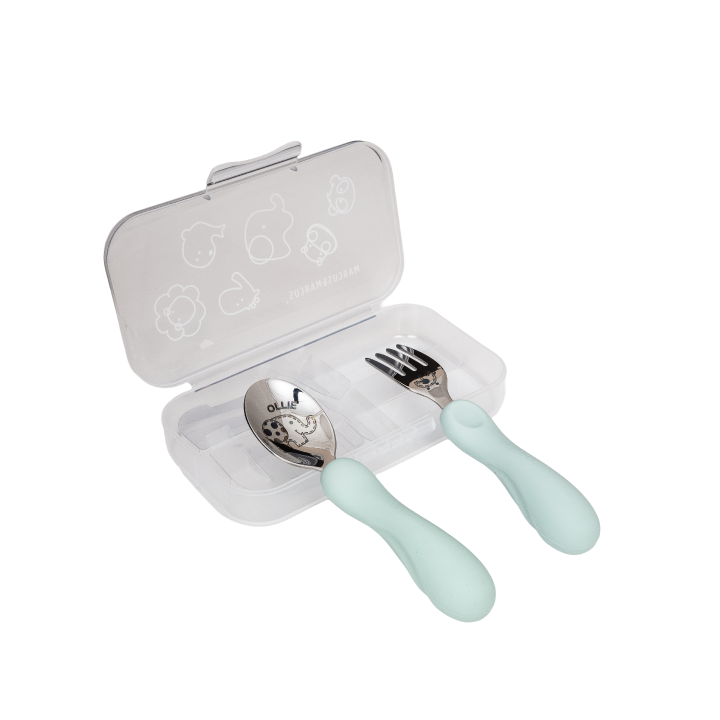 Jogo Anatômico Colher e Garfo em Silicone e Inox 2 Peças Elefante Ollie - Verde Menta