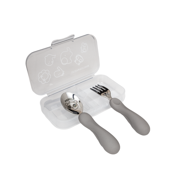 Jogo Anatômico Colher e Garfo em Silicone e Inox 2 Peças Panda Pebble - Cinza Claro