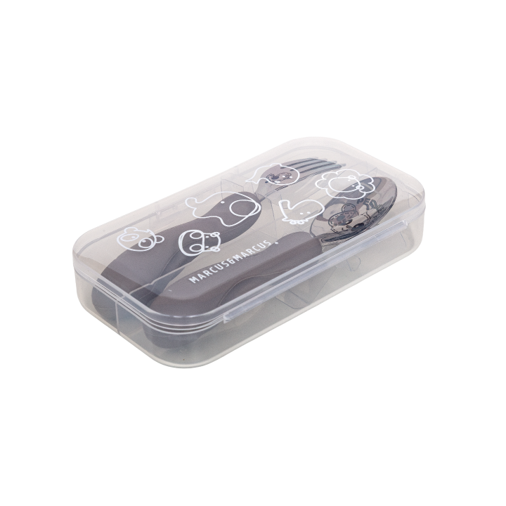 Jogo Anatômico Colher e Garfo em Silicone e Inox 2 Peças Panda Pebble - Cinza Claro