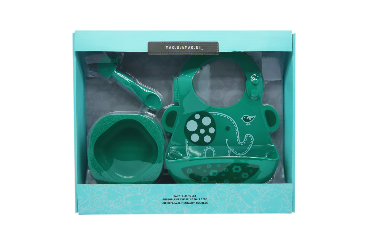 Kit Introdução Alimentar Em Silicone (Tigela 200Ml. Colher E Babador) Elefante Ollie - Verde