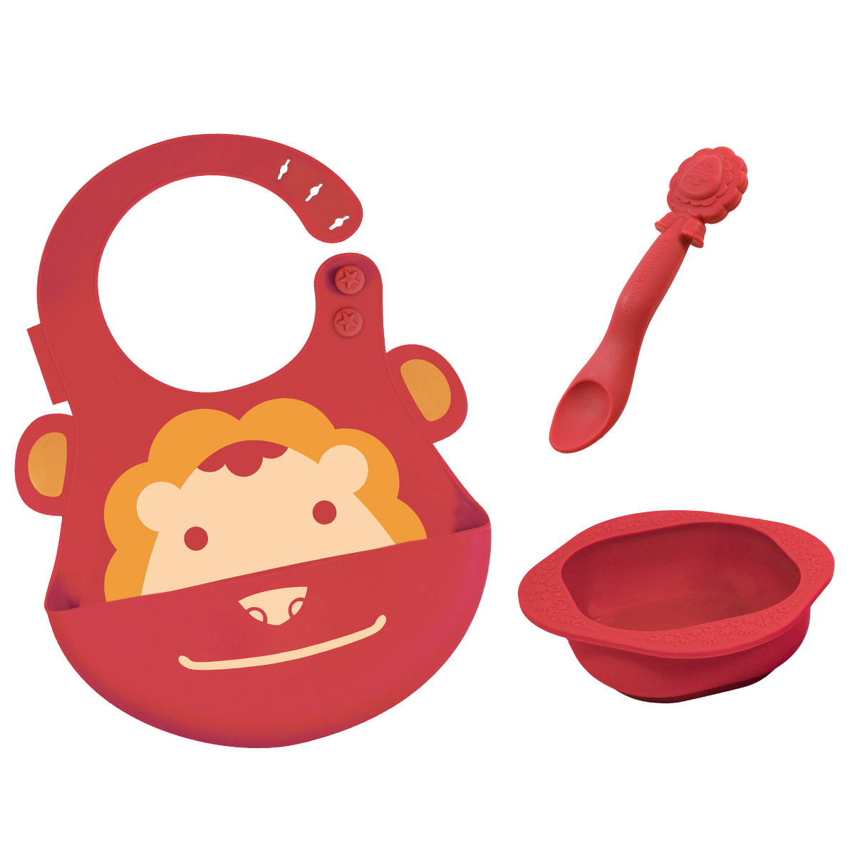Kit Introdução Alimentar Em Silicone (Tigela 200Ml. Colher E Babador) Leão Marcus - Vermelho