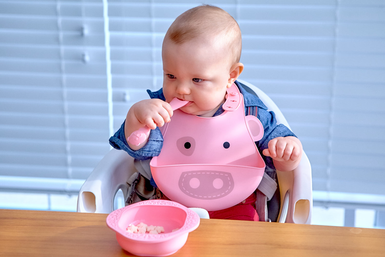 Kit para Introdução Alimentar em Silicone (Tigela 200 ml, Colher e Babador)  Porquinha Pokey - Rosa