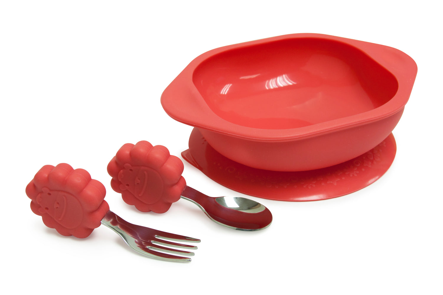 Kit Com Tigela Com Sucção E Primeiro Garfo E Colher Em Inox E Silicone Leão Marcus - Vermelho