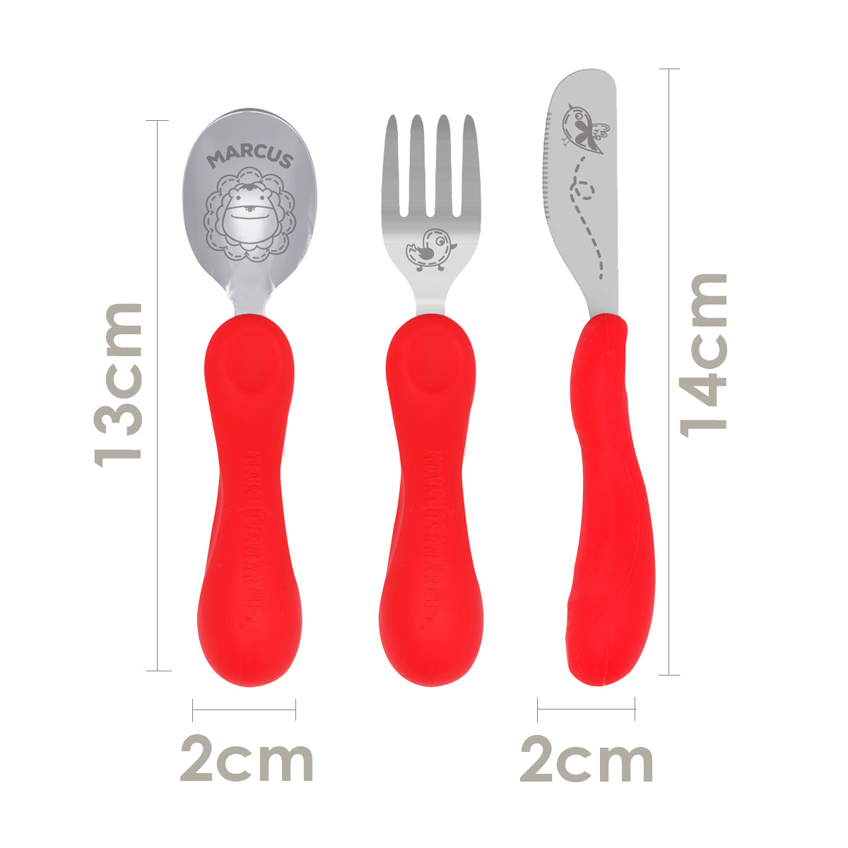 Jogo Anatômico Colher, Garfo e Faca em Silicone e Inox 3 Peças Leão Marcus - Vermelho