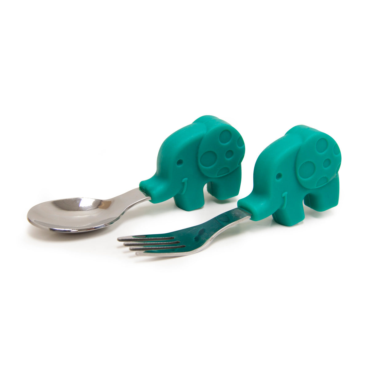Primeiro Jogo De Colher E Garfo Em Silicone E Inox Elefante Ollie - Verde