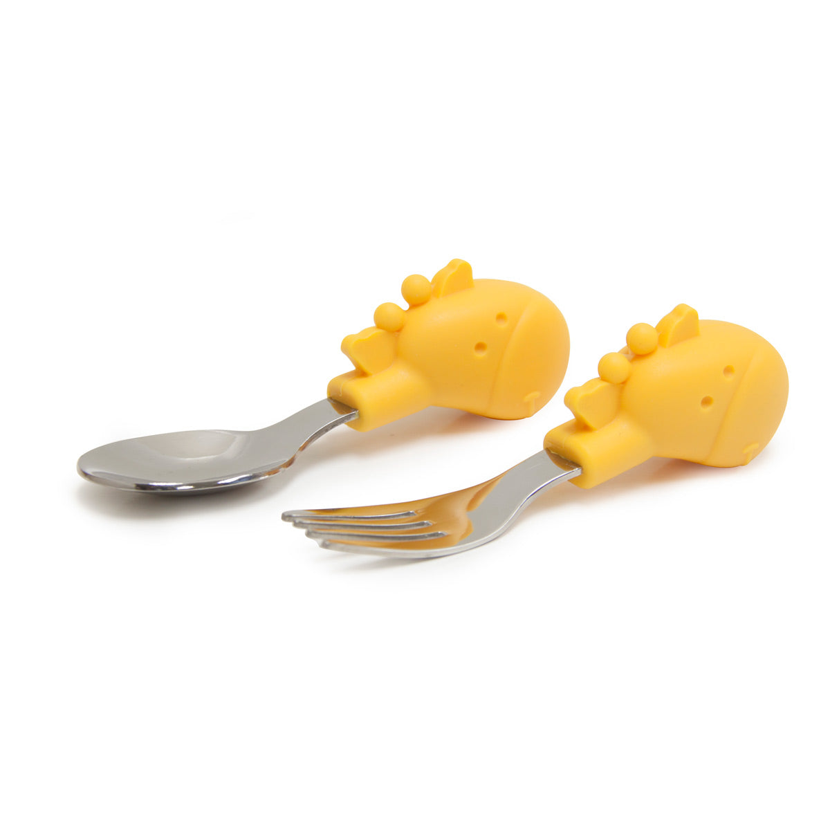 PRIMEIRO JOGO DE COLHER E GARFO EM SILICONE E INOX GIRAFA LOLA - AMARELO