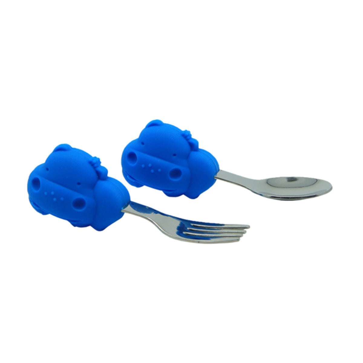 PRIMEIRO JOGO DE COLHER E GARFO EM SILICONE E INOX HIPOPÓTAMO LUCAS - AZUL