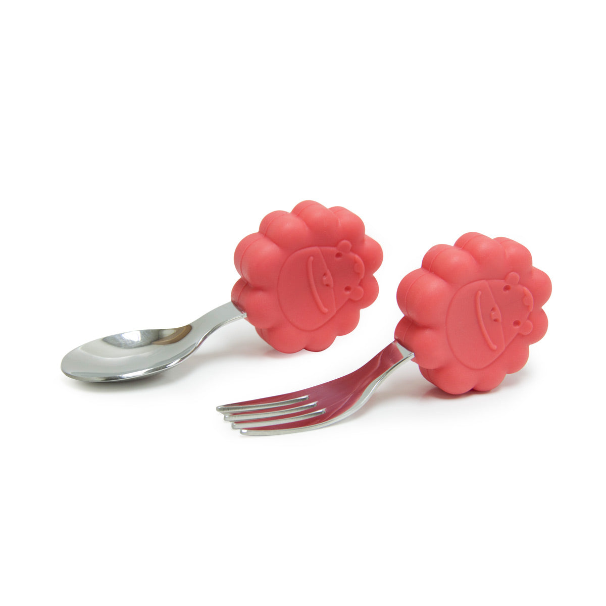 PRIMEIRO JOGO DE COLHER E GARFO EM SILICONE E INOX LEÃO MARCUS - VERMELHO