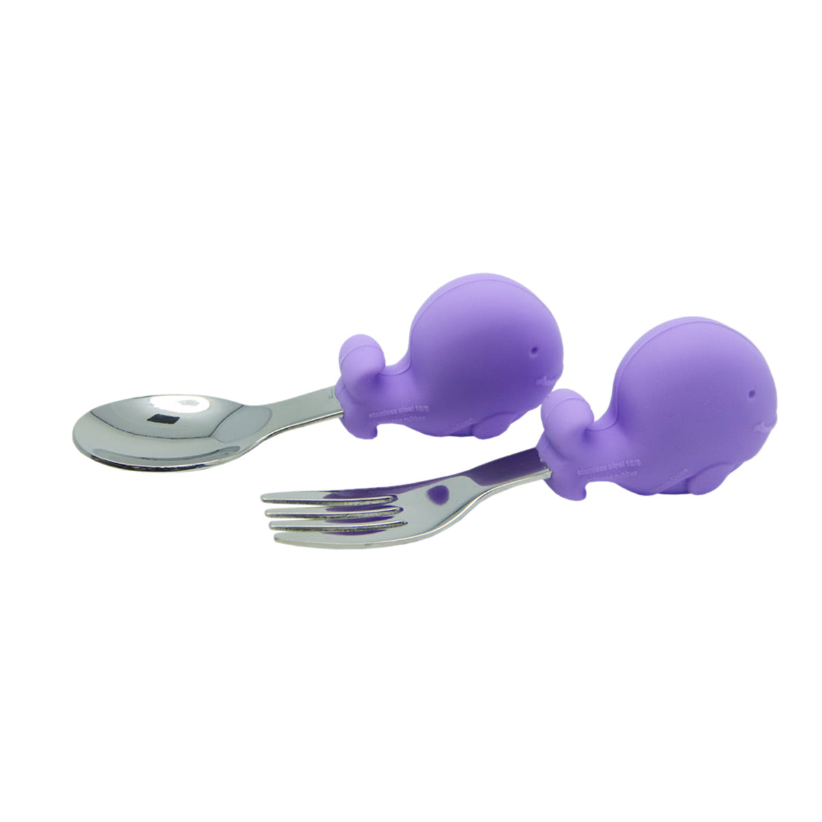 PRIMEIRO JOGO DE COLHER E GARFO EM SILICONE E INOX BALEIA WILLO - LILÁS