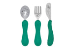 Jogo Anatômico Colher. Garfo E Faca Em Silicone E Inox 3 Peças Elefante Ollie - Verde