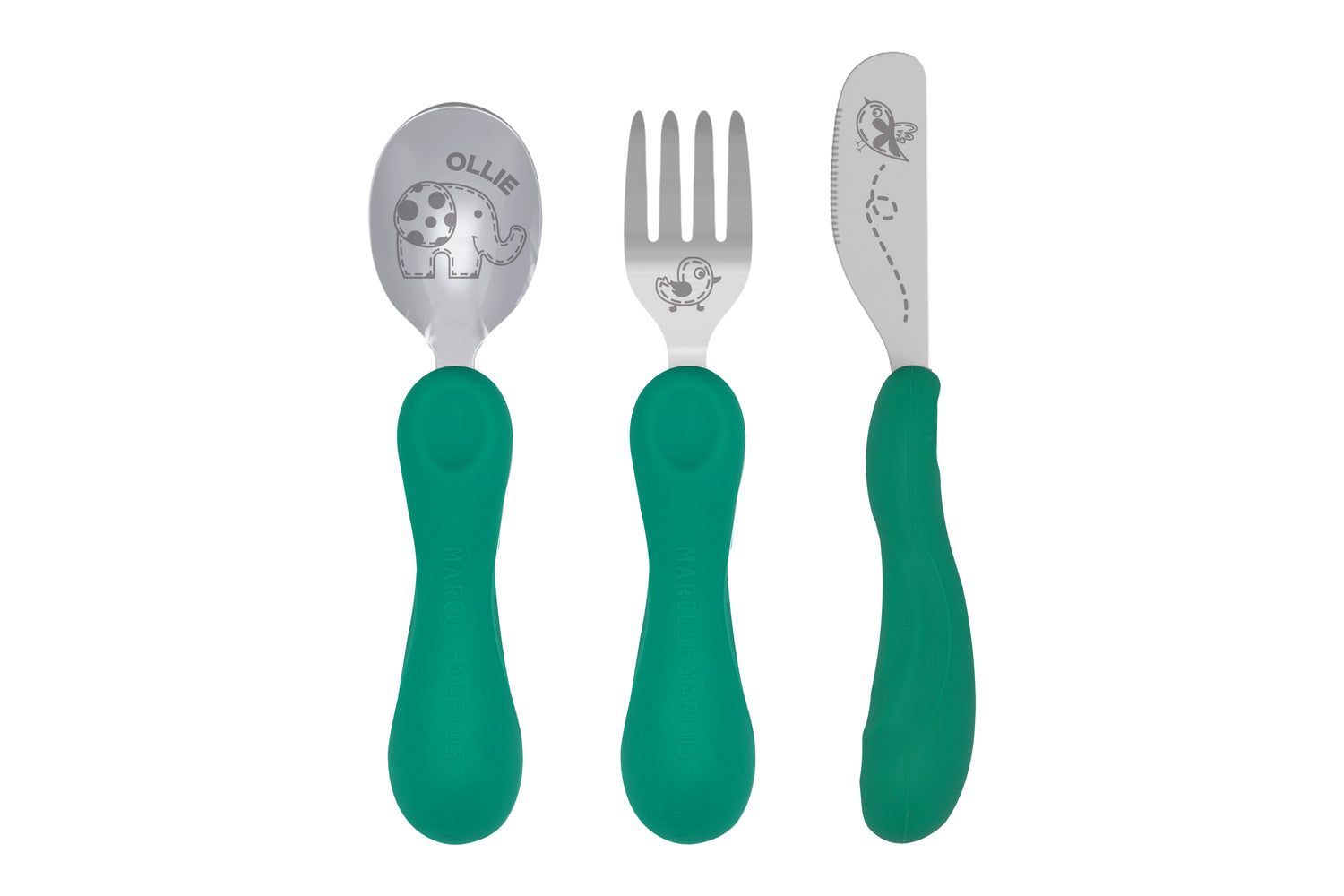 Jogo Anatômico Colher. Garfo E Faca Em Silicone E Inox 3 Peças Elefante Ollie - Verde