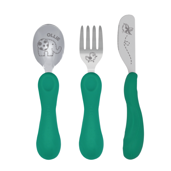 JOGO ANATÔMICO COLHER. GARFO E FACA EM SILICONE E INOX 3 PEÇAS ELEFANTE OLLIE - VERDE