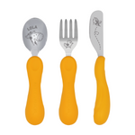 Jogo Anatômico Colher. Garfo E Faca Em Silicone E Inox 3 Peças Girafa Lola - Amarelo