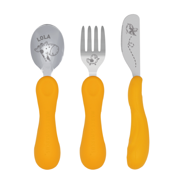 Jogo Anatômico Colher. Garfo E Faca Em Silicone E Inox 3 Peças Girafa Lola - Amarelo