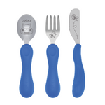 Jogo Anatômico Colher. Garfo E Faca Em Silicone E Inox 3 Peças Hipopótamo Lucas - Azul
