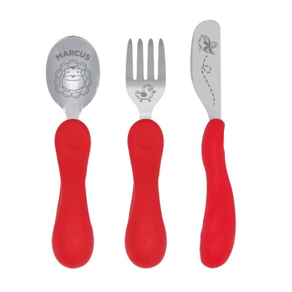 Jogo Anatômico Colher. Garfo E Faca Em Silicone E Inox 3 Peças Leão Marcus - Vermelho