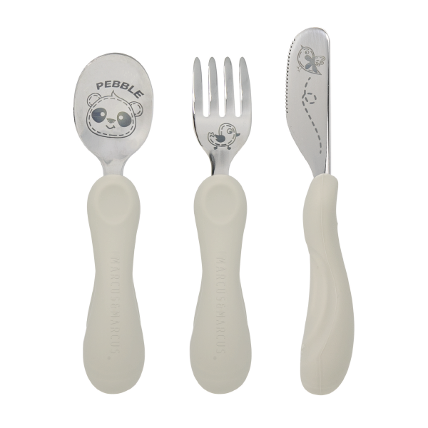 Jogo Anatômico Colher. Garfo E Faca Em Silicone E Inox 3 Peças Panda Pebble - Cinza