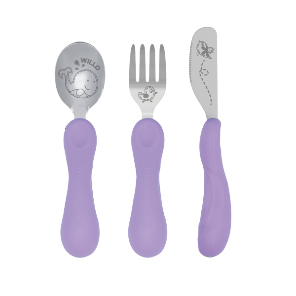 JOGO ANATÔMICO COLHER. GARFO E FACA EM SILICONE E INOX 3 PEÇAS BALEIA WILLO - LILÁS