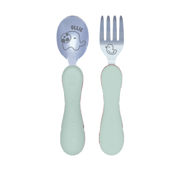 Jogo Anatômico Colher E Garfo Em Silicone E Inox 2 Peças Elefante Ollie - Verde Menta