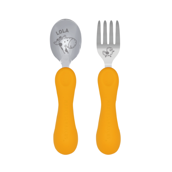 Jogo Anatômico Colher E Garfo Em Silicone E Inox 2 Peças Girafa Lola - Amarelo